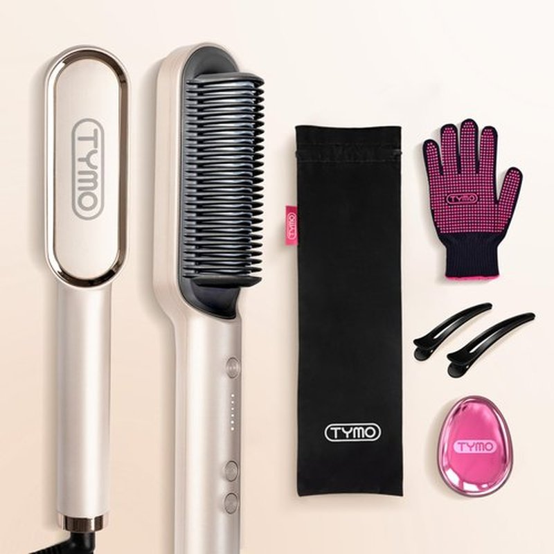 Hair Straightener Brush, TYMO Ring Hair Straightener Comb Straightening Brush for Women with 5 Temps 20s Fast Heating & Dual Voltage, Gold