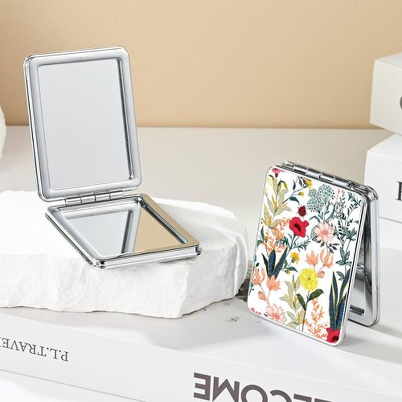dcdcee Pocket Mirror, Small Travel Mirror with Magnification, Portable Double-Sided Magnifying Cosmetic Mirror for Daily (White Flowers)