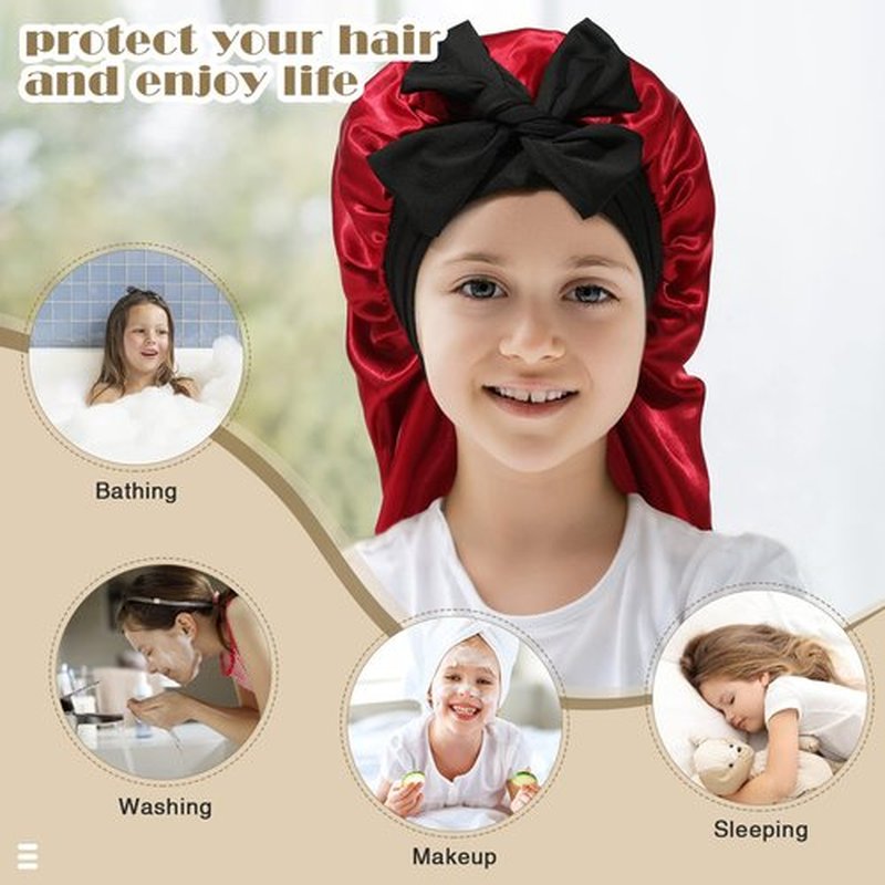 Kids Long Hair Bonnet for Sleeping - Double Layer Girls Elastic Satin Bonnet with Tie Band for Braid Curly Hair (Black+Wine)