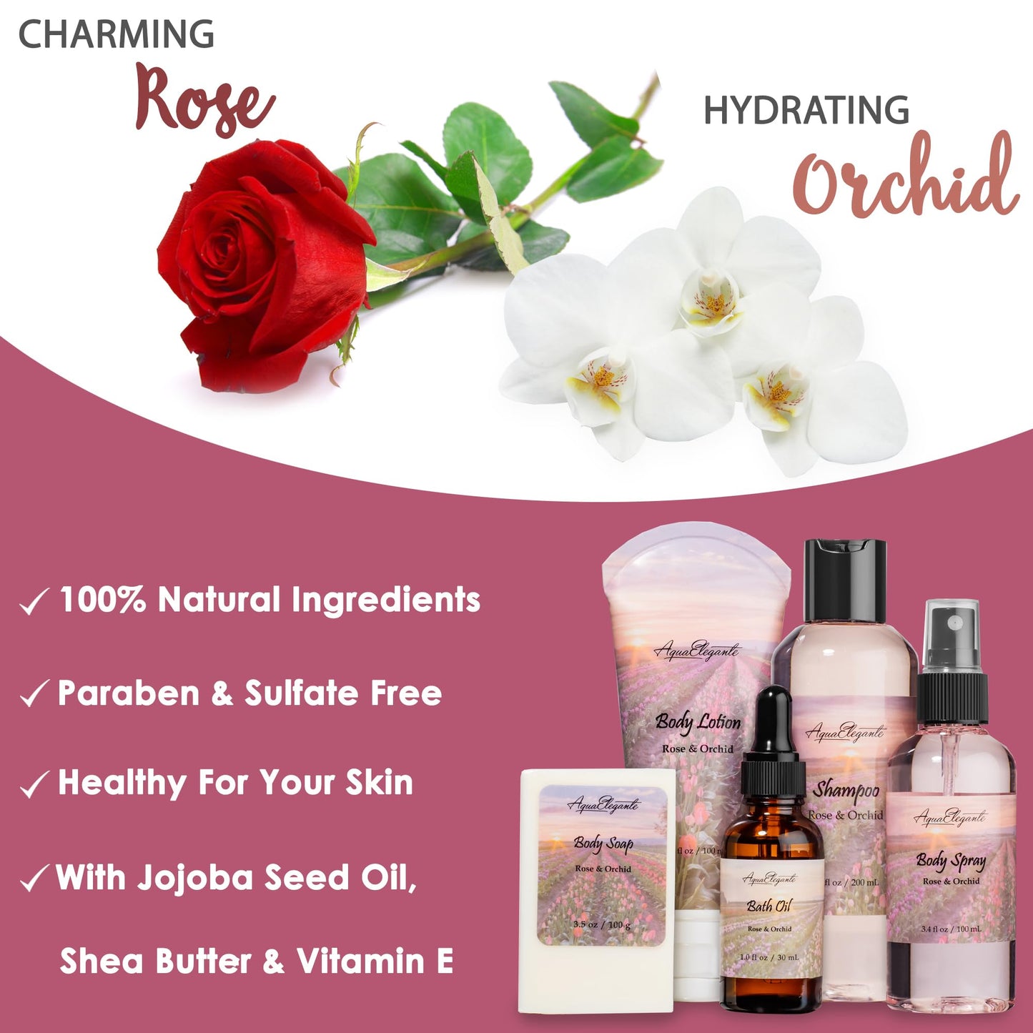 Aqua Elegante Full Spa Gift Set - 15 Piece Premium Bath Basket with Wash, Bubbles, Lotion, Salts, Body Scrub, Towel, Shower Puff, Bathbombs, Reusable Basket, Gifts for Women - Rose Oil & Orchid