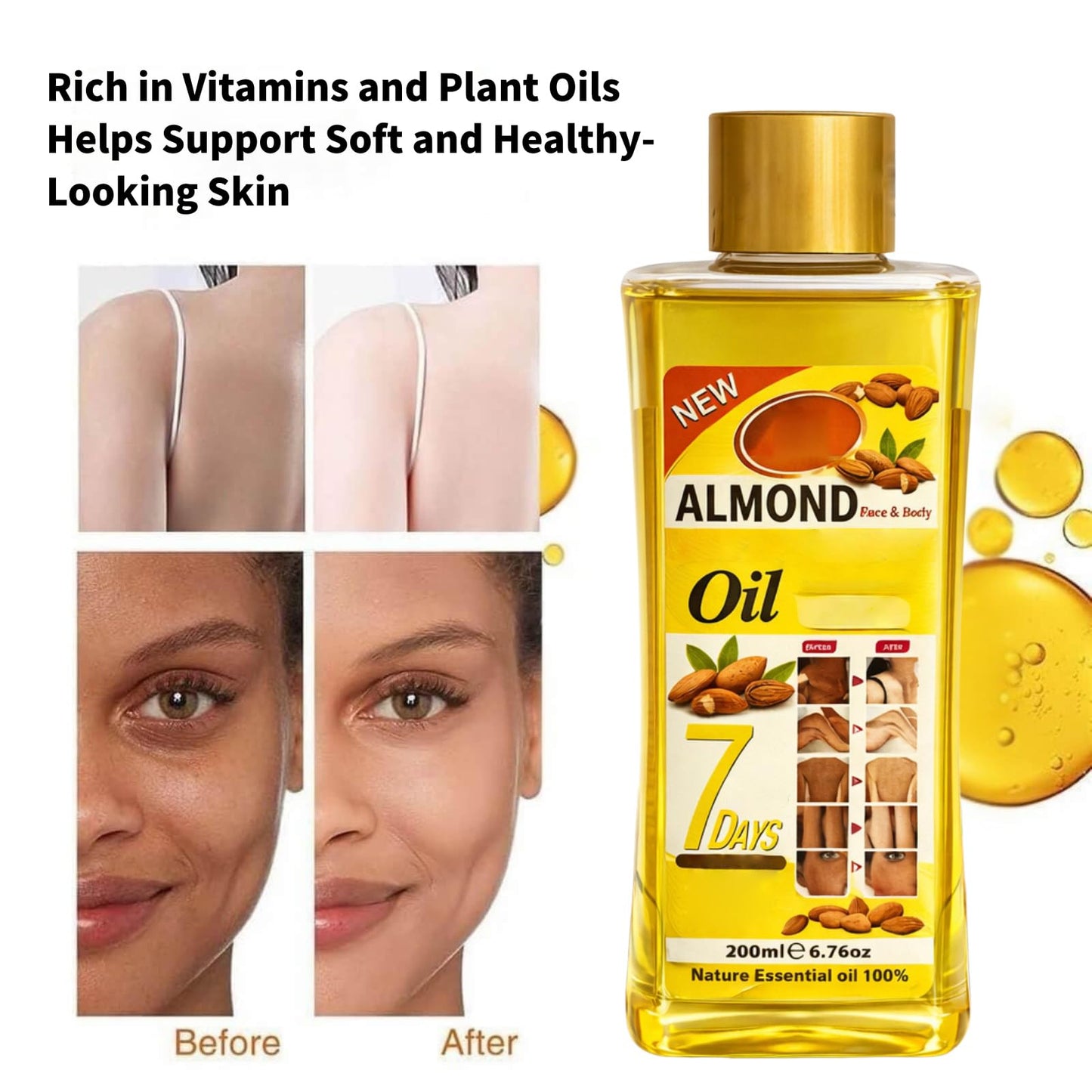 Almond Oil for Massage and Skin Moisturizing, Lightweight Hydrating Body Oil for Dry Skin, Spa Body Care Oil with Almond Extract, 200ml / 6.76 fl oz
