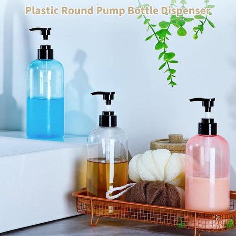 Bynccea 3 Pack Empty Plastic Pump Bottles Dispenser 16 oz / 500 ml Refillable Shampoo Bottles with Pumps Cylinder Shampoo Lotion Hand Pump Bottle Liquid Container for Bathroom Shampoo and Body Wash