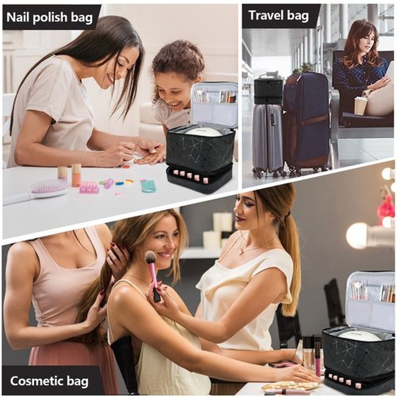 Brynnl Nail Polish Organizer Case, Fingernail Polish Travel Organizer with Handle, Holds 30 Bottles, 1 Led Nail Lamp Nail Art Supplies, Double Layer Nail Polish Carrying Case With Detachable