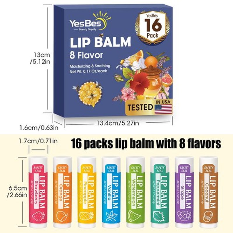 YesBes 16 Pack Lip Balm, Natural Lip Balm Bulk with Vitamin E and Coconut Oil, Moisturizing Lip Balm for Dry Cracked Lips, Lip Balm for Stocking Stuffers - 8 Flavors