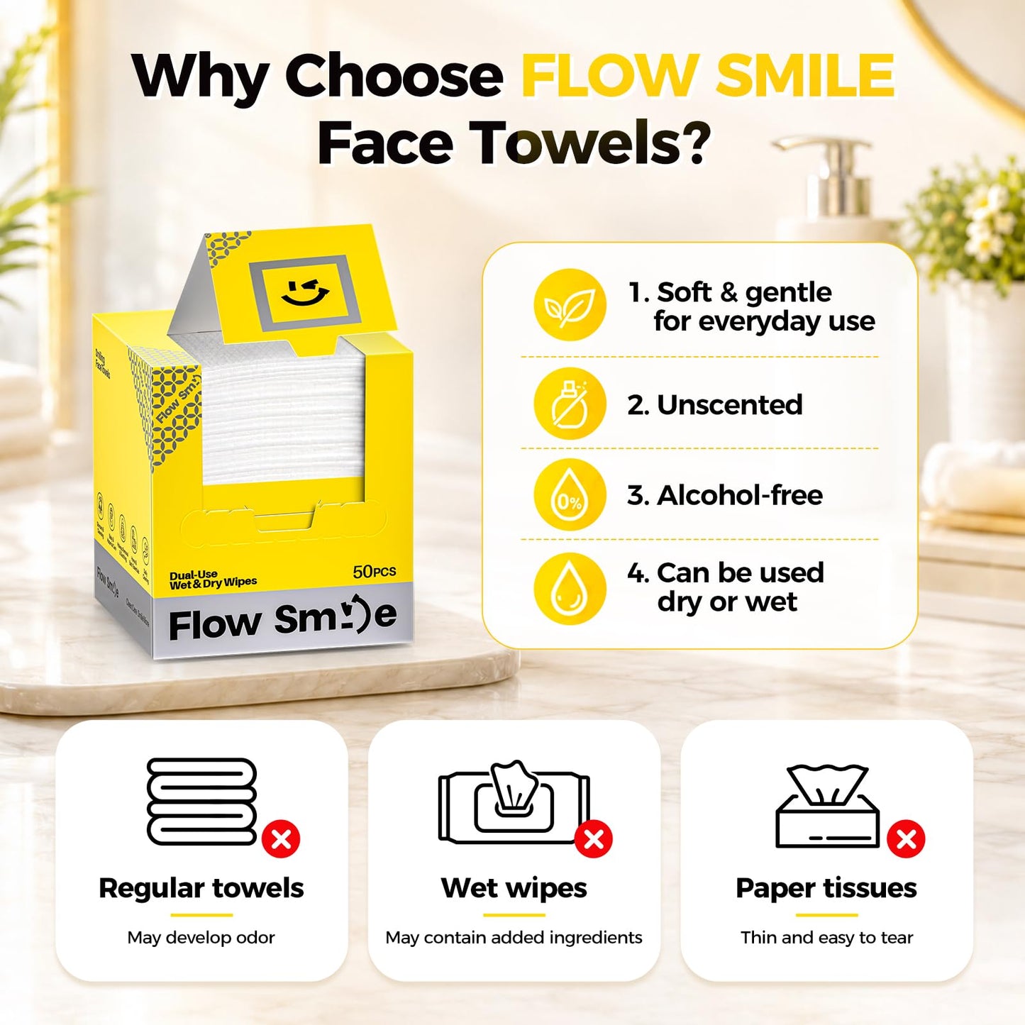 FLOW SMILE Face Towels, Disposable Face Towels, 50 Count Extra Thick & Ultra Soft Lint-Free Dry Wipes for Sensitive Skin, Unscented Biodegradable for Makeup Removal & Facial Cleansing