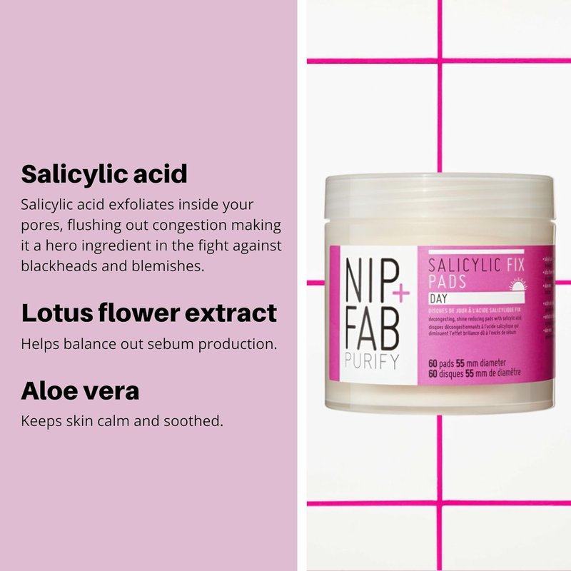 Nip + Fab Salicylic Acid Fix Day Pads - Exfoliating Facial Pads for Acne & Pore Refinement | 60 Pads, 2.7 oz