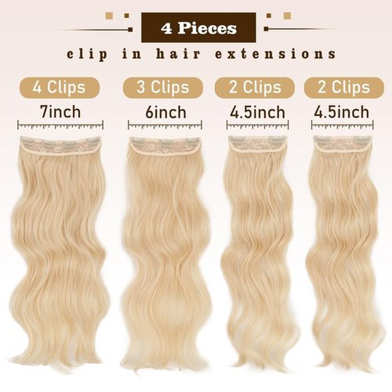 QGZ Clip in Hair Extensions for Women 4 PCS Set of Thick, Synthetic Long Wavy Hair Extension 20 Inch Light Blonde