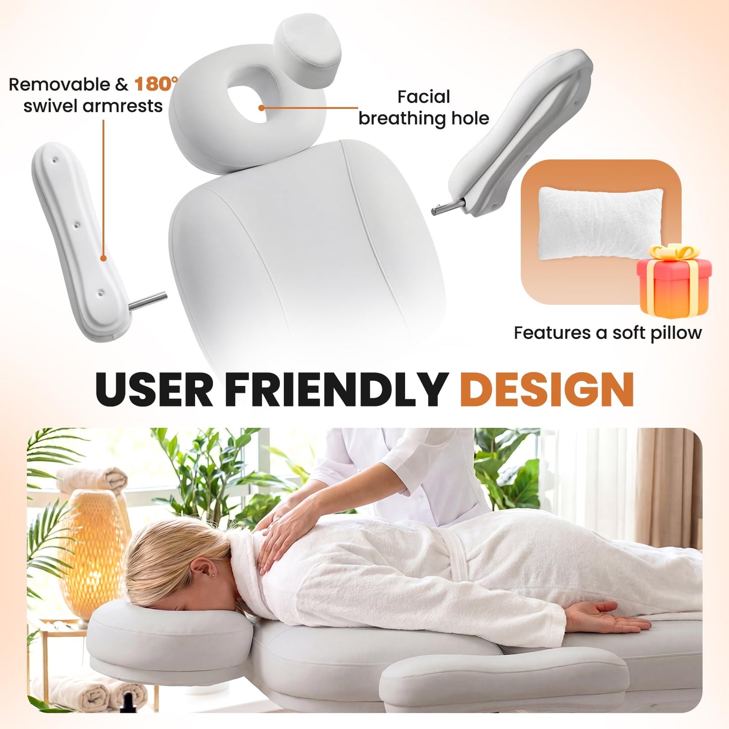 Oakvera Fully Electric Massage Table with 3 Motors, Professional Esthetician Bed with LED Light, Height, Length & Angle Adjustable Beauty Spa Bed for Facial & Medical, Stool Included, White