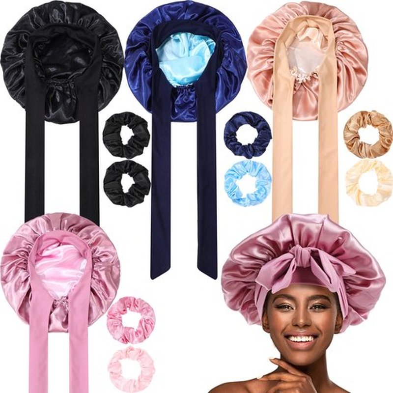 JaGely 4 Pcs Satin Bonnet for Women Tie Hair Bonnet for Sleeping Large 2 Layered Silk Sleeping Cap for Sleeping with 8 Pcs Hair Scrunchies Silk Sleep Cap Double Layer Satin Bonnets(Classic Color)