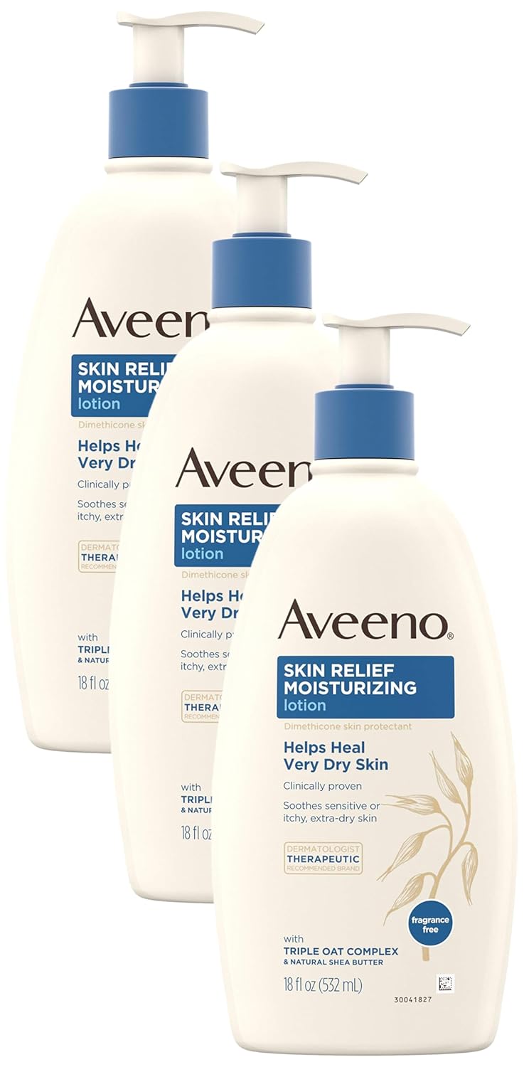 Aveeno Skin Relief Fragrance-Free Moisturizing Lotion for Sensitive Skin, with Natural Shea Butter & Triple Oat Complex, Unscented Therapeutic Body Lotion for Itchy, Extra-Dry Skin, 18 fl. oz