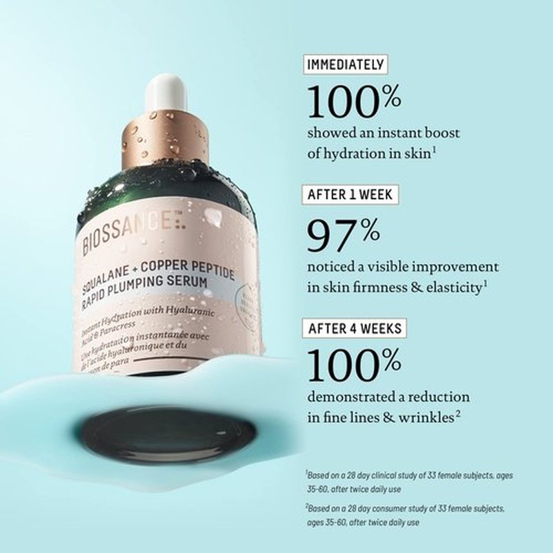 Biossance Squalane + Copper Peptide Rapid Plumping Serum - Face Serum for All Skin Types - Visibly Plumping + Firming Skin, Fine Lines + Wrinkles, Vegan Copper Peptides, Hyaluronic Acid - 0.4oz