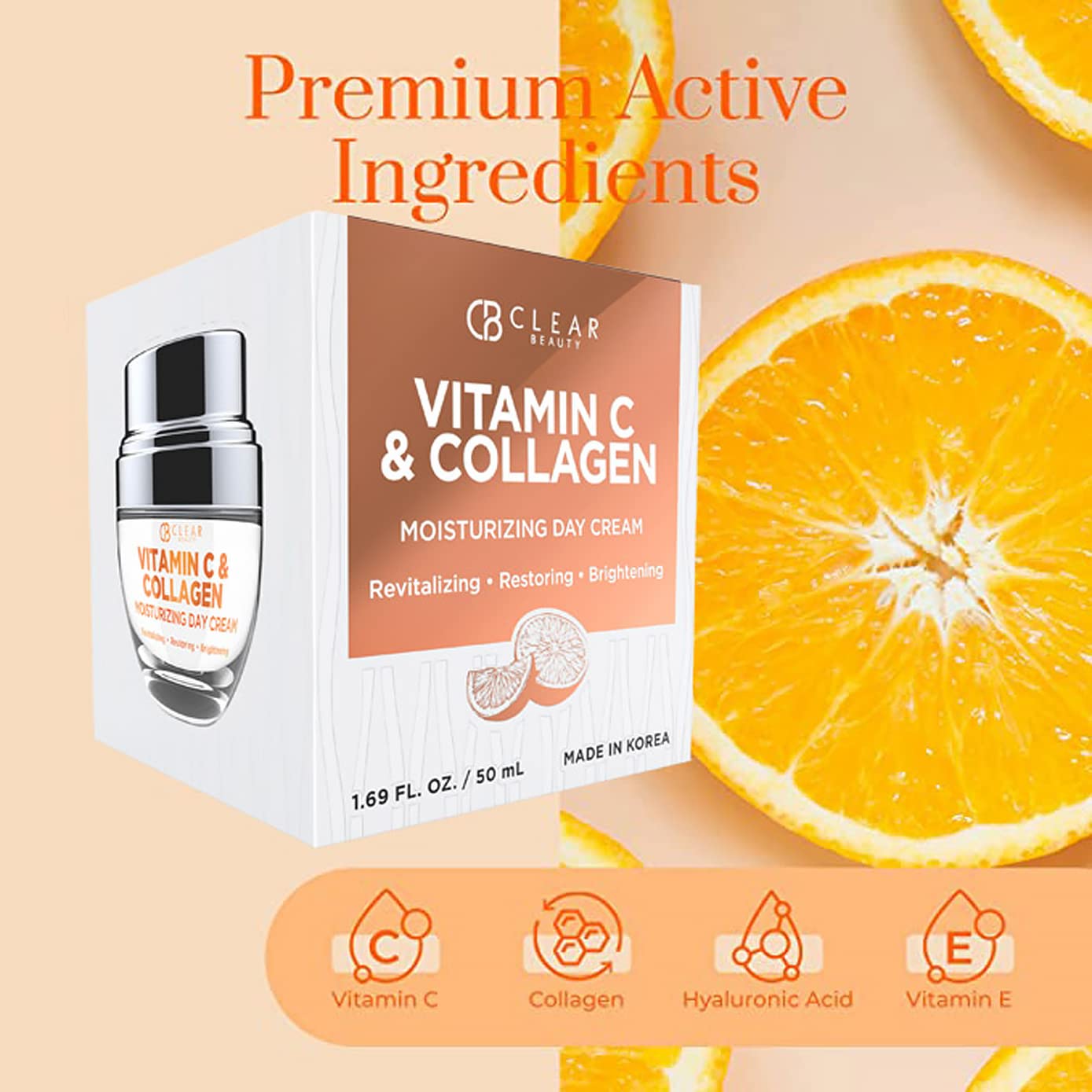 Clear Beauty Vitamin C & Collagen Face Moisturizer – Anti Aging Day Cream, Hydrates, Firms & Revives Dull, Tired Skin – Dermatologist Tested, Korean Skin Care, Vegan Clean Beauty – 1.69 Fl Oz