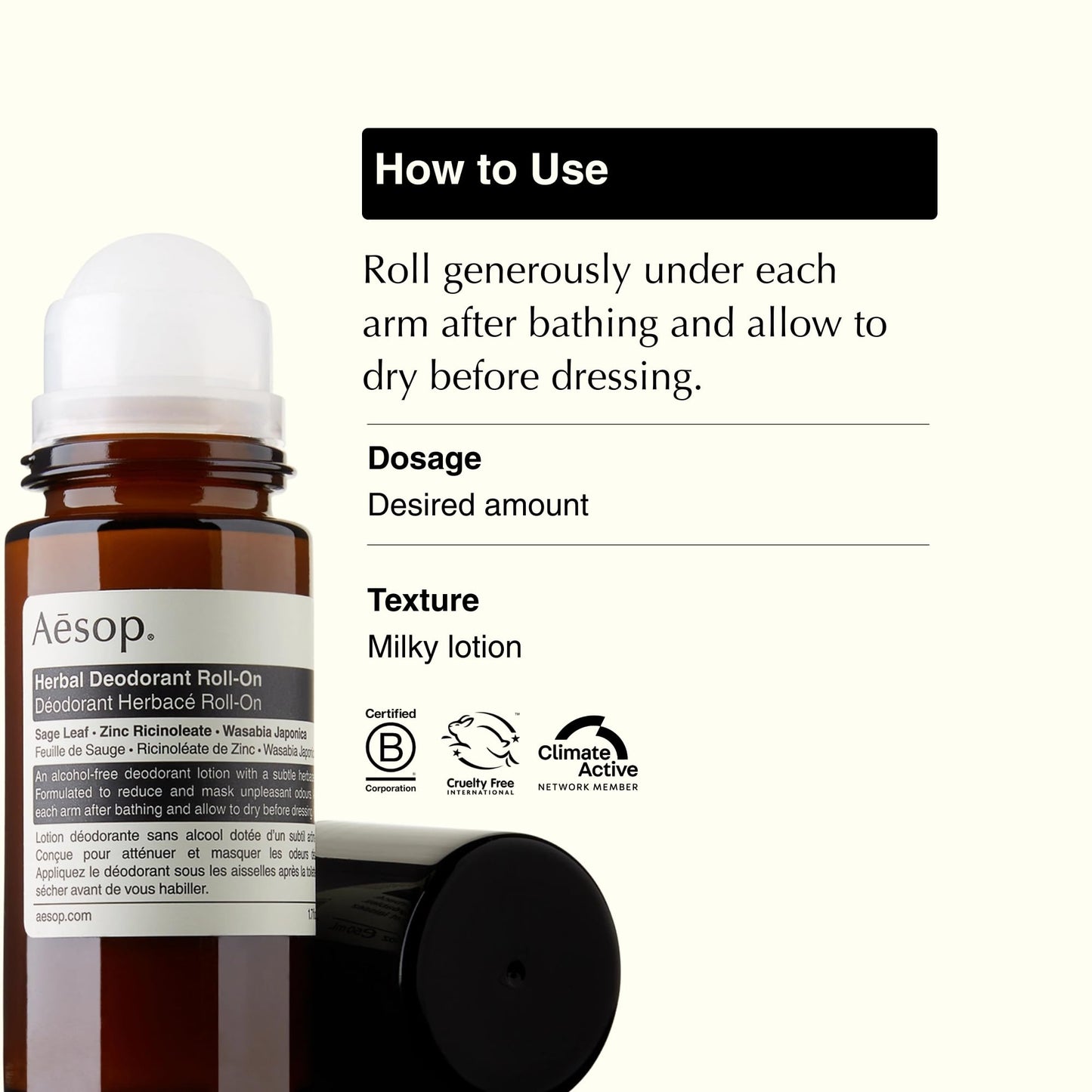 Aesop Aluminum Free Herbal Deodorant Roll On for Women & Men | Sage Leaf & Zinc Reduces Odor & Bacteria, Witch Hazel Soothes Skin | Alcohol-Free Formula for Sensitive Skin | 1.6 oz