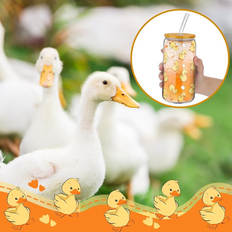 Skylety Duck Gifts Set - 16oz Glass Cup with Lid & Straw | Cute Makeup Bag for Duck Lovers