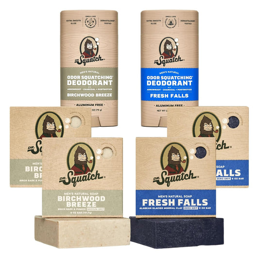Dr. Squatch Manly Soap & Deodorant Variety Pack - Handmade Organic Oils | Birchwood Breeze & Fresh Falls