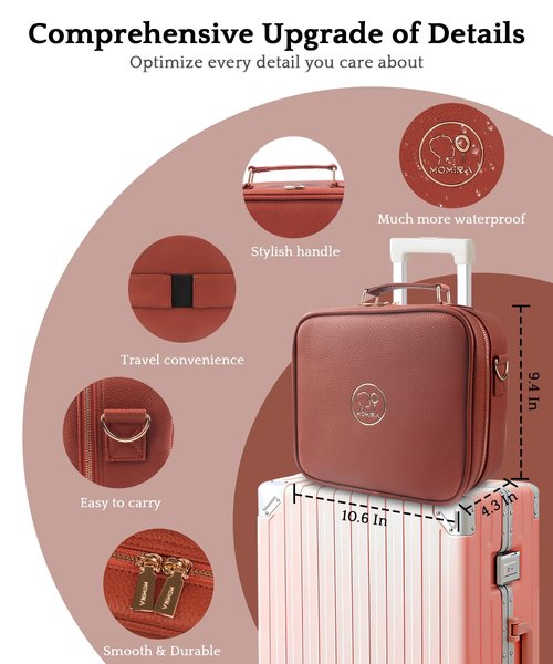 MOMIRA Travel Makeup Bag Cosmetic Bag with Lighted Mirror, Adjustable Brightness in 3 Color Scenarios/Detachable makeup mirror, 2024-All-round Upgrade, Waterproof, Gift for Women -Red Brown