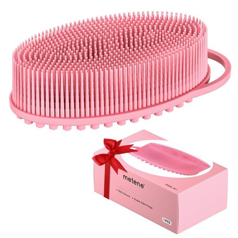 Metene Silicone Exfoliating Body Scrubber with Loop, Body Scrubber for Men and Women, Silicone Loofah for Shower, Soft Silicone Body Scrubber for Shower and Bath Skincare Routine(Pink)