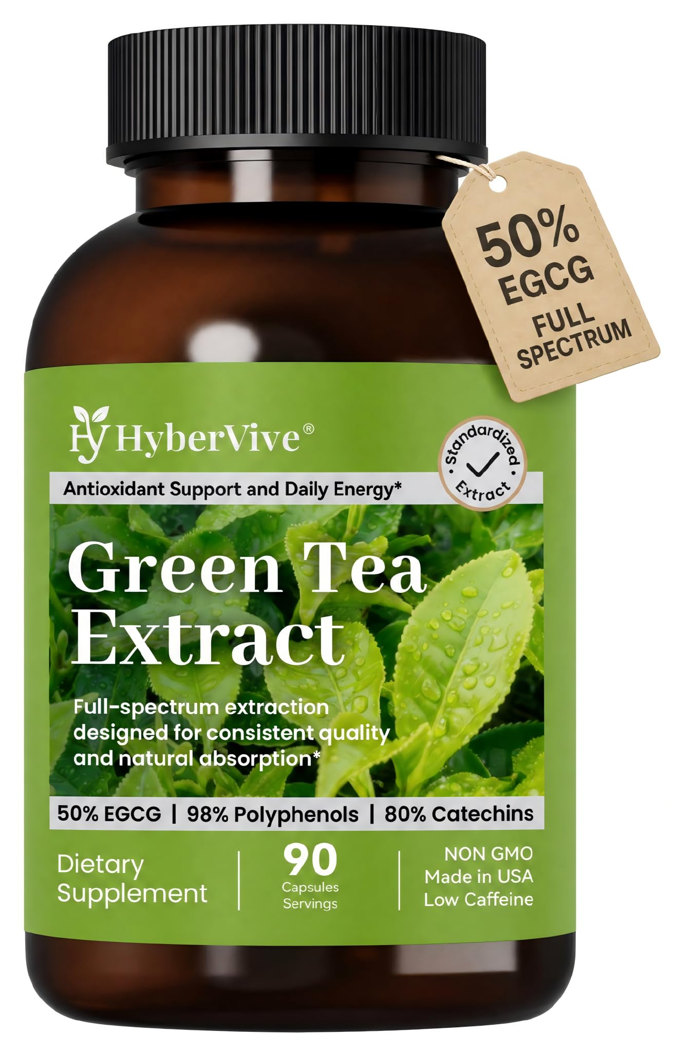 HyberVive Green Tea Extract 450MG, High-Potency 50% EGCG (Standardized), 98% Polyphenols & 80% Catechins, Antioxidant & Metabolic Support, Naturally Low in Caffeine, Non-GMO, Made in USA, 90 Capsules