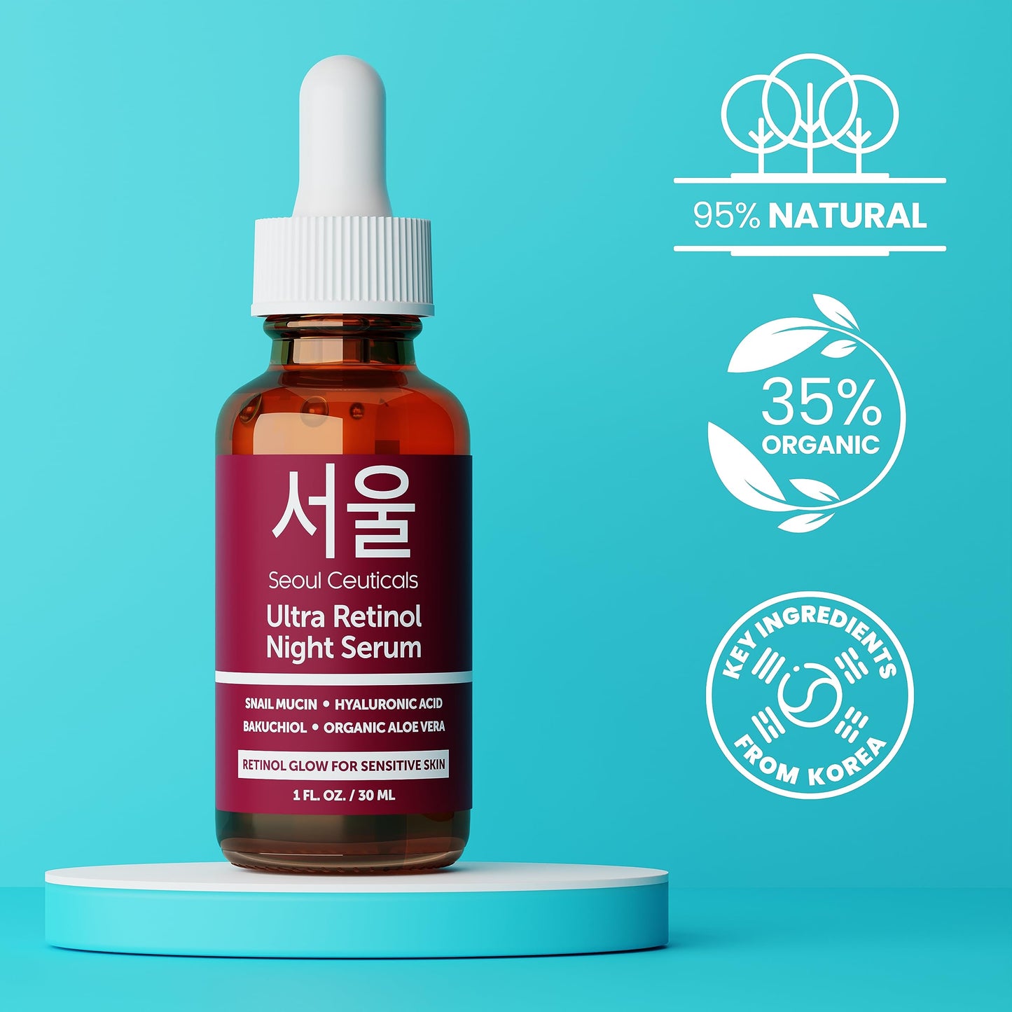 SeoulCeuticals Korean Retinol Night Serum + Retinol Night Cream for Face + 97.5% Snail Mucin for Sensitive Skin