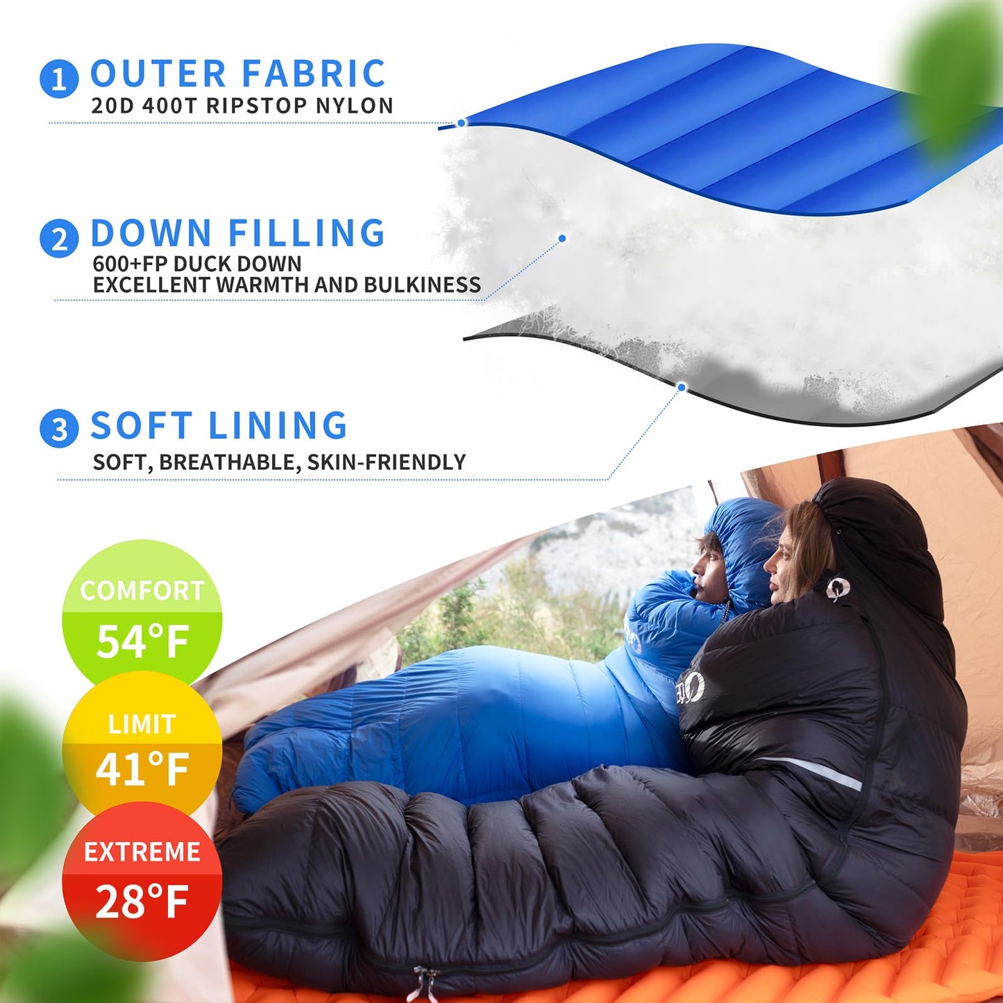 QEZER Down Sleeping Bag for Adults 600 Fill Power Cold Weather Ultralight Sleeping Bag with Pouch for Backpacking, Hiking, Camping