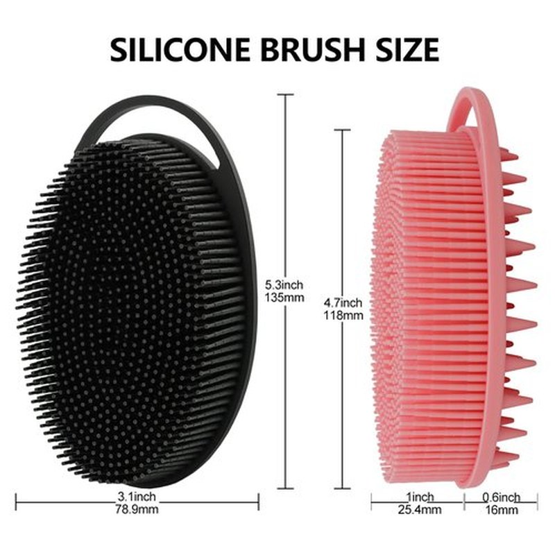 2 Pack Silicone Body Scrubber, Silicone Loofah Double-Sided Body Brush,Silicone Shower Scrubber and Scalp Massager Shampoo Brush for Sensitive Kids Women Men All Kinds of Skin (Black & Pink)