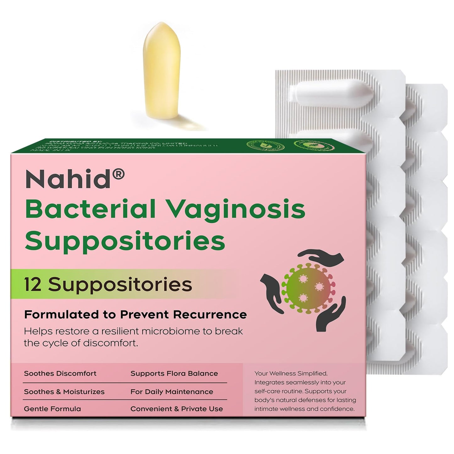 Nahid Bacterial Vaginosis Symptom Suppositories | Targeting Discharge, Odor, Itching, and Irritation | Supports Vaginal Microbiota Balance | 12 Inserts