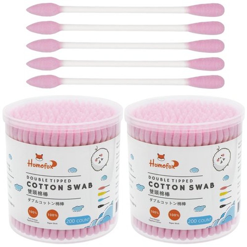 HOMEFOX Pink Cotton Swabs Precision Pointed - 400 Count Pointy Cotton Buds Double Side Tightly Wrapped Cotton Tips Paper Stick Organic Soft Gentle Lint-Free Cruelty-Free, Pointy & Round (Pink)