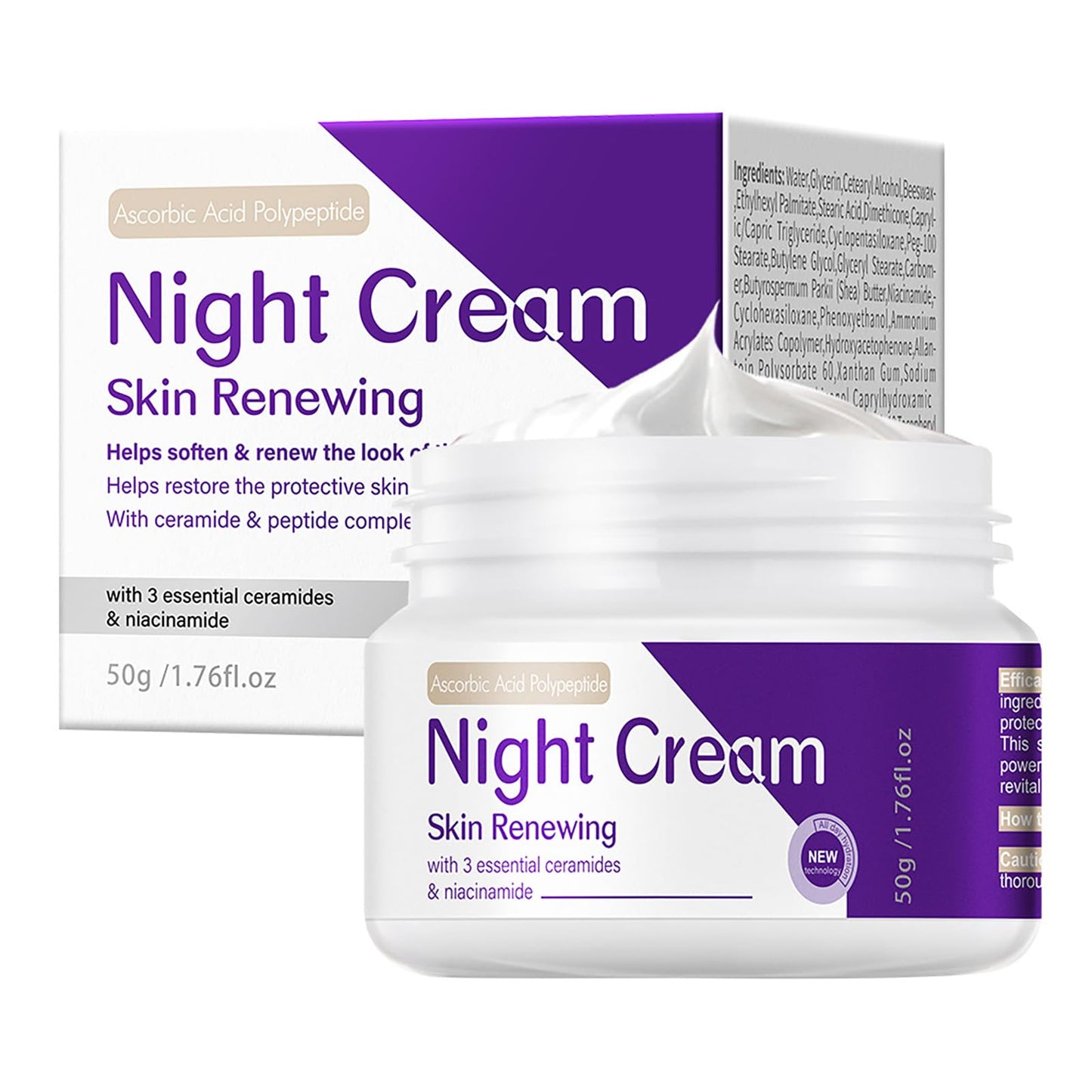 Skin Renewing Night Cream Face Moisturizer with Niacinamide, Peptide Complex, Hyaluronic Acid & Ceramides | Visibly Reduces Fine Lines & Enhances Skin Elasticity | For All Skin Types, 1.76 fl.oz