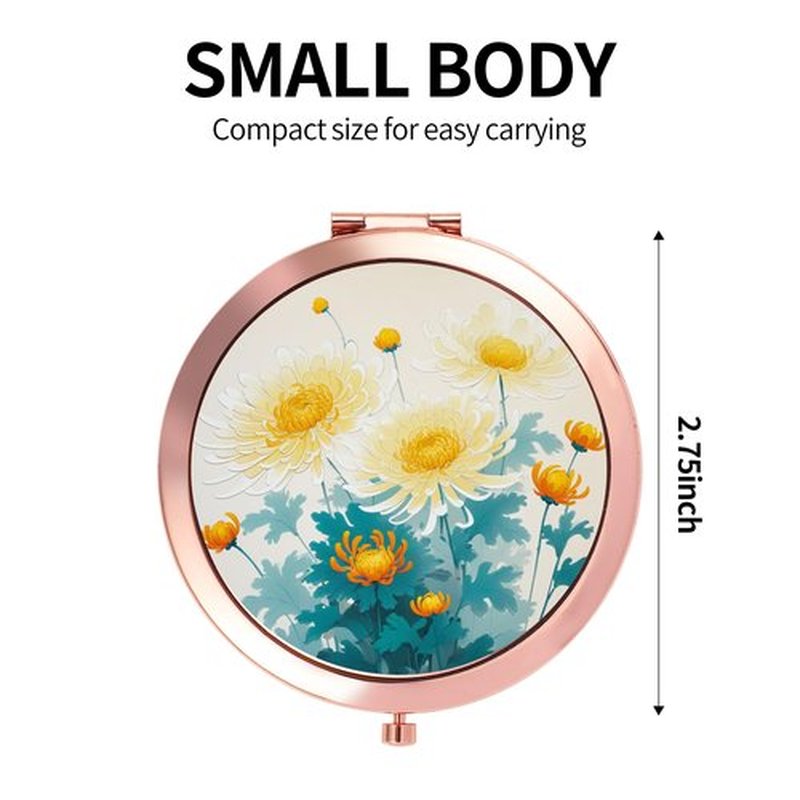 Dynippy Compact Mirror Rose Gold Makeup Mirror Folding Mini Pocket Mirror Portable Hand Mirror Double-Sided 2 x 1x Magnification for Woman Girls (Lovely Chrysanthemum Pattern)