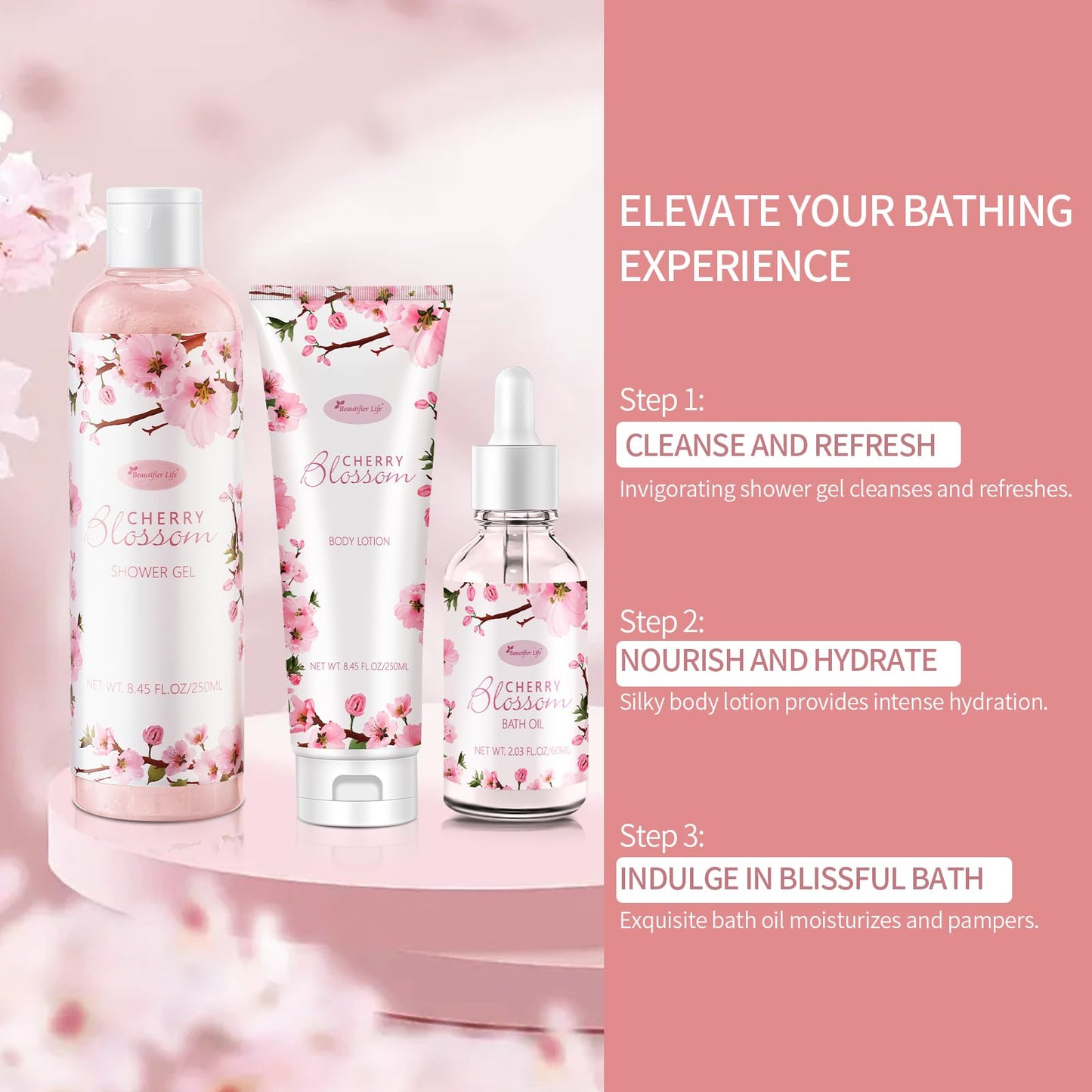 Beautifier Life Bath and Body Gift Set for Women - Luxurious Home Spa Gift Set,Japanese Cherry Blossom 7-Piece Set Including Shower Gel,Body Lotion,Bath Oil,Bath Salt,Soap,Bath Bombs and Candle