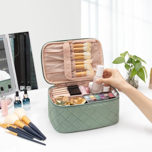 OCHEAL Makeup Bag, Portable Cosmetic Bag, Large Capacity Travel Makeup Case Organizer, Pink Makeup Bags For Women Toiletry Bag for Girls Traveling With Handle and Divider-Green
