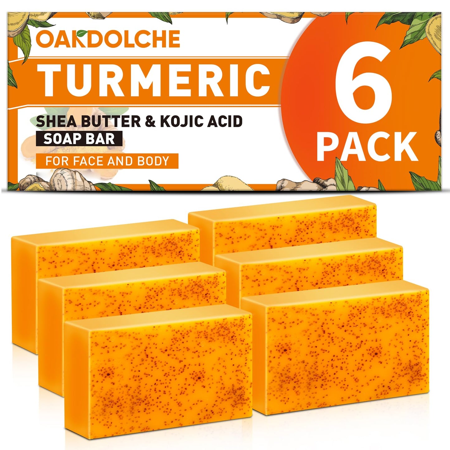 OAKDOLCHE 6 Pack Turmeric Kojic Acid Soap Bars - Infused with Retinol, Hydrolyzed Collagen, Vitamin E & Shea Butter, Gentle Care for Face, Body & Underarms, SLS Free, Suitable for Oily & Dry Skin,60g