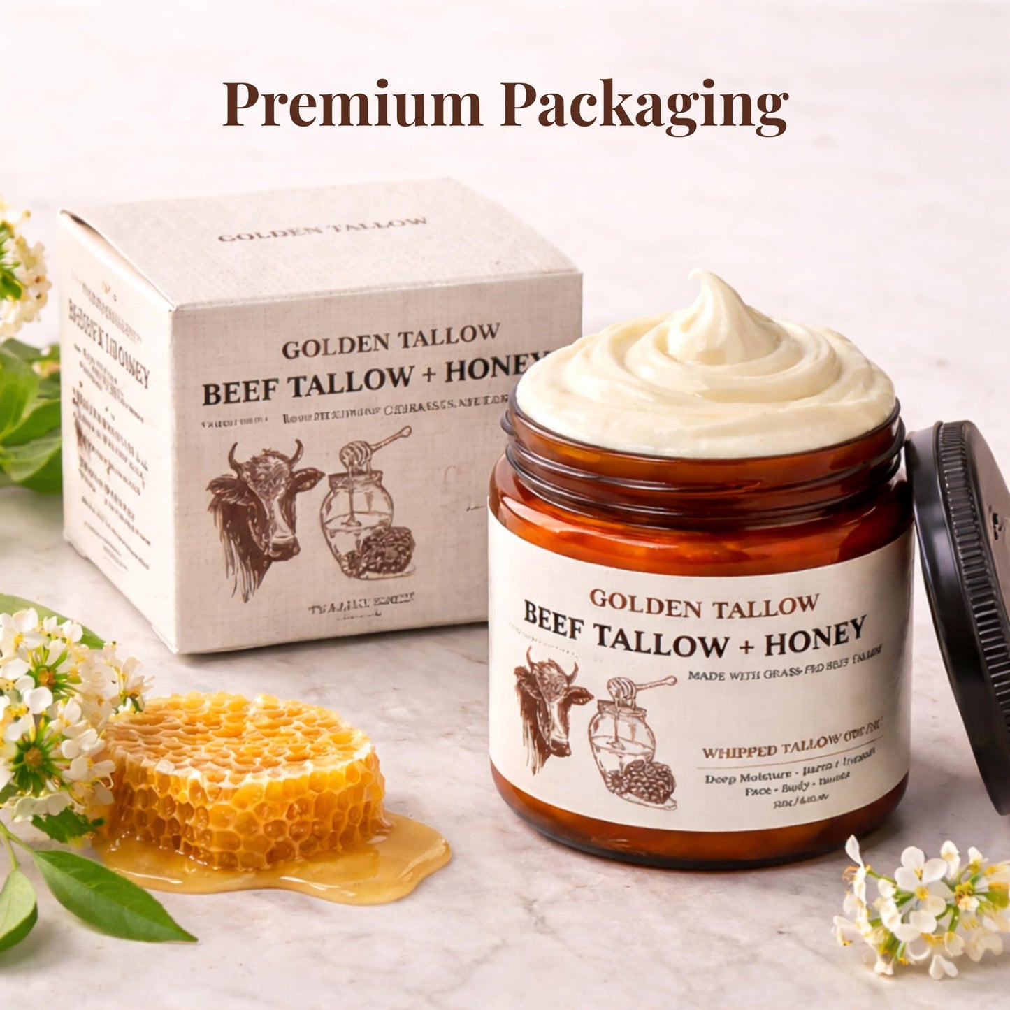 Golden Tallow Whipped Tallow Honey Balm for Face & Skin, Beef Tallow Moisturizer Cream, Tallow Face Moisturizer, Tallow and Honey Balm, Deep Moisture for Dry Skin, 4.2 Oz