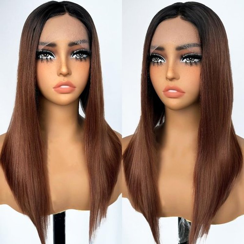 SOKU Ombre Brown Lace Front Wigs With Baby Hair Synthetic Straight Bob Wigs 16 Inch Medium Length Straight Heat Resistant Wigs For Daily Party Use