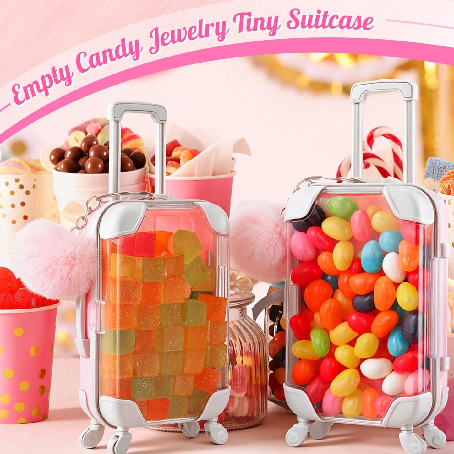 VioraWhite 20 Pcs Mini Suitcase Empty Storage Box and Plush Ball Keychain Candy Luggage Containers Packaging Case for Bridal Shower Baby Shower Party Favors Travel Gifts (Pink)