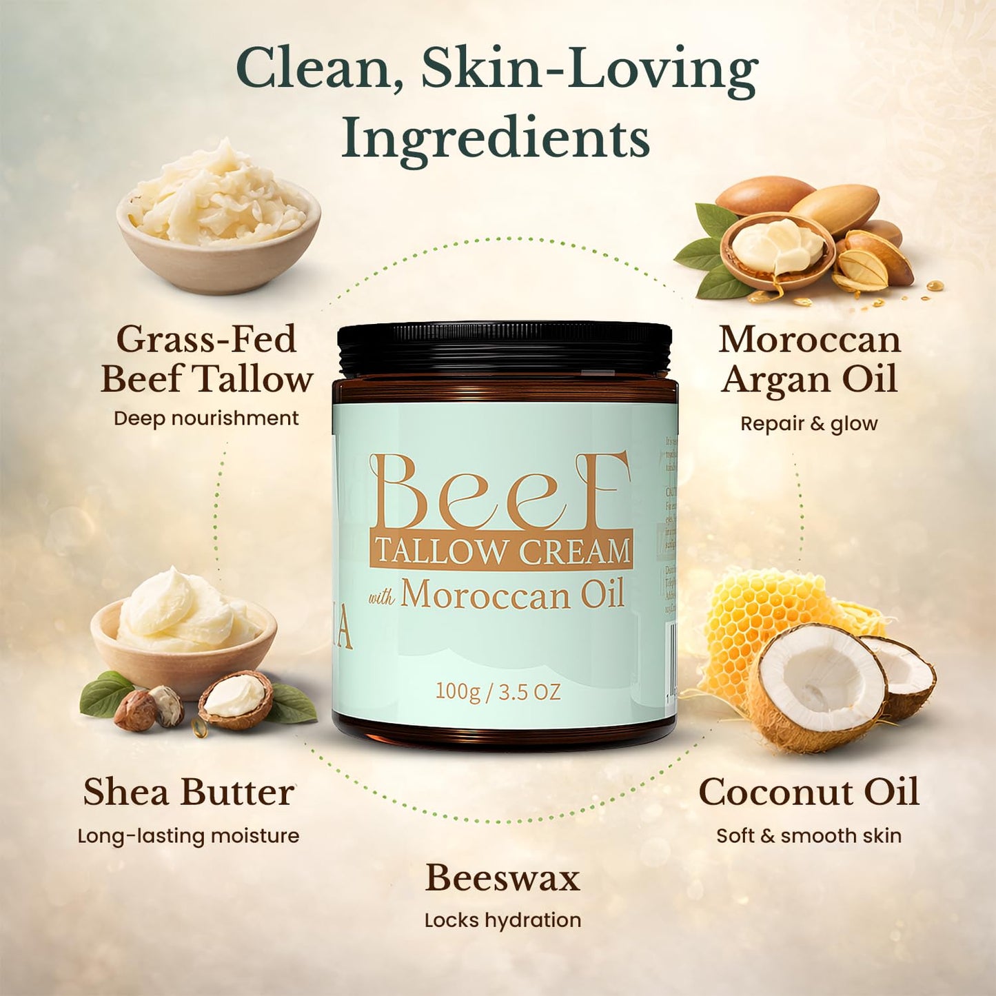 Beef Tallow for Skin - Organic Grass Fed Beef Tallow Balm, Whipped Beef Tallow for Face & Body, Moisturizer for Dry Skin, Shea Butter with Moroccan Oil (3.5 oz)