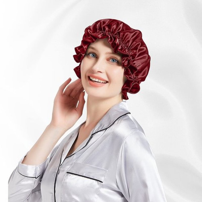 Silk Bonnet for Hair Care, Natural Silk Cap for Sleeping and Shower, Double-Lined, 6A-grade Mulberry Silk Turban Red Wine
