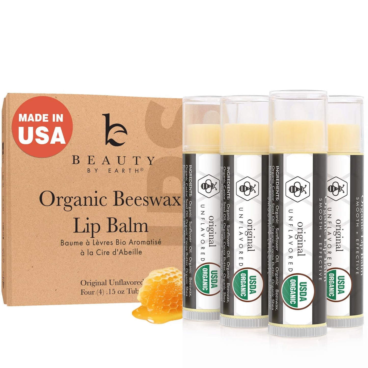 USDA Organic Lip Balm - USA Made with Natural Ingredients, 4 Pack Unflavored Chapstick for Dry Lips, Lip Balm Hydrating Beauty Birthday Gifts, Lip Moisturizer, Mens Gift Ideas