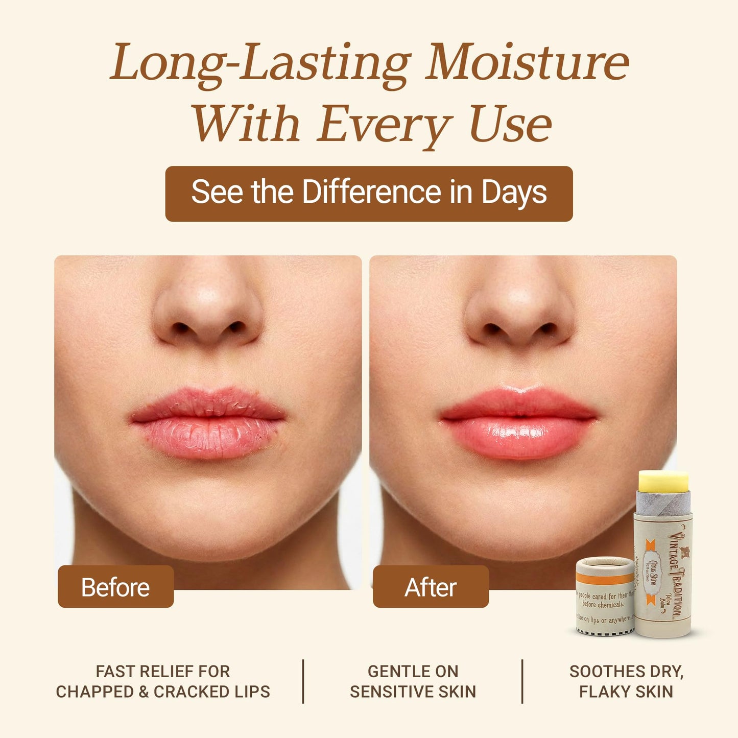 Vintage Tradition Moisturizing Beef Tallow Lip Balm – Tube Lip Moisturizer with Citrus & Lavender Essential Oil Blend Hydrates & Soothes Dry Lips – Grass-Fed Tallow Balm for Skin Care, 0.5 Fl. Oz.