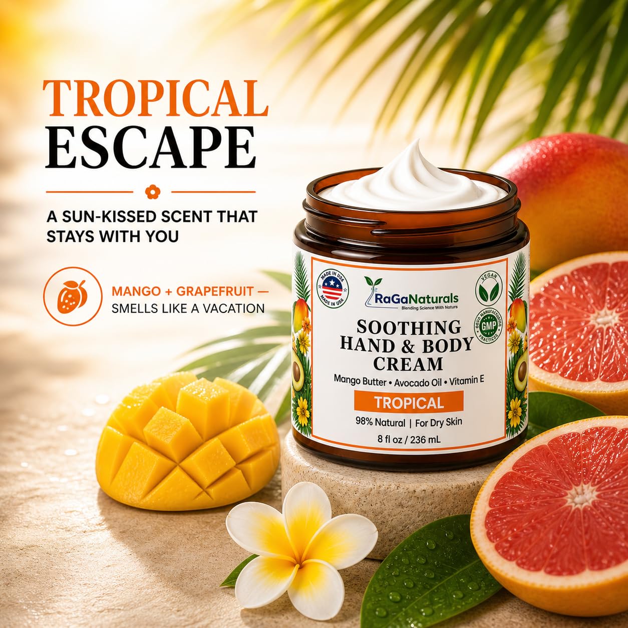 RaGaNaturals Tropical Hand and Body Cream for Dry Skin - Key Notes of Mango Grapefruit Scent - 98% Natural, Vegan, Non Greasy Lotion with Mango Butter, Vitamin E & Avocado Oil for Women and Men - 8 oz