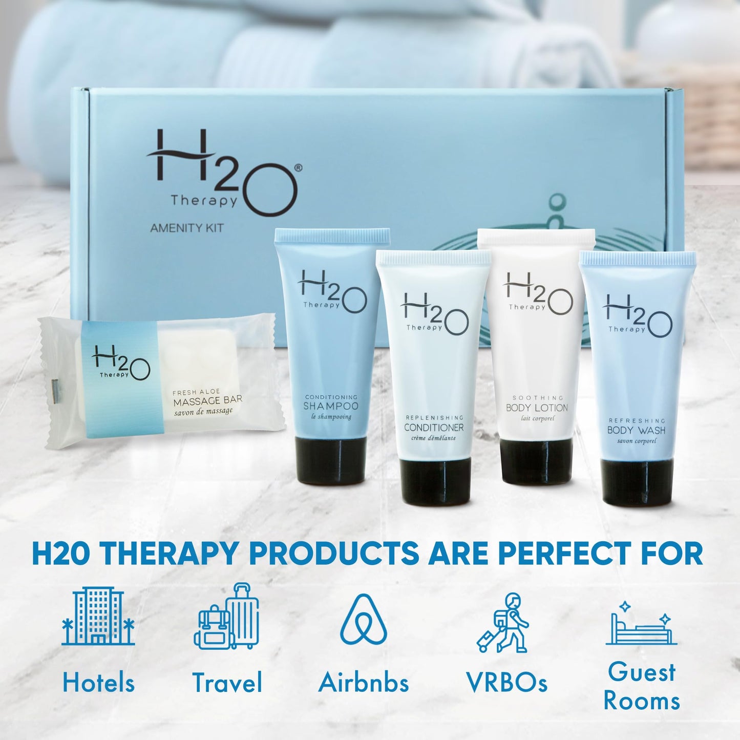 H2O Therapy Amenity Kit | Hotel Bulk Toiletries | 0.85 oz Shampoo, Conditioner, Lotion, Body Wash, Body Bar Soap for Guest Hospitality Vacation Rentals | 15 Sets/Case