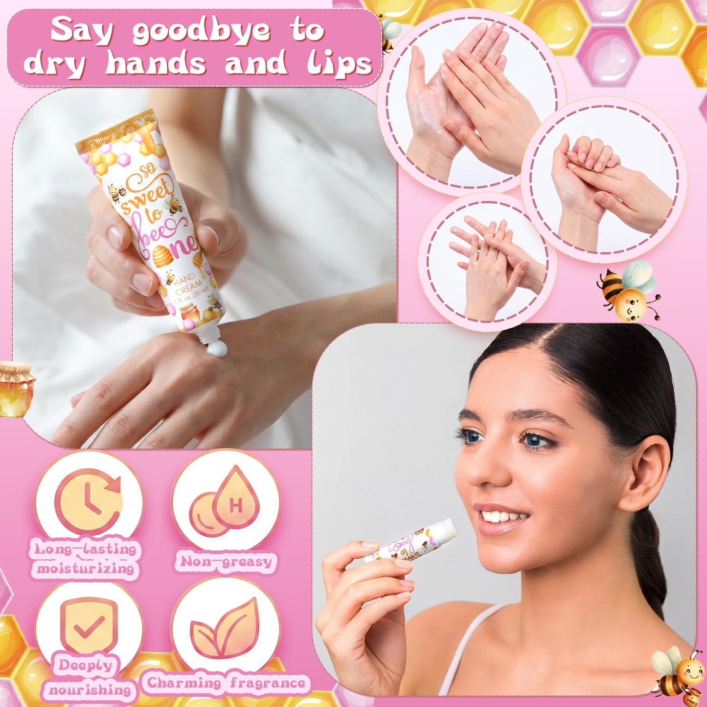 Dansib 24 Sets/96 Pcs Pink Honey Hand Cream and Lip Balm Gift Baby Shower Favors for Guest Thank You for Bee Travel Size Hand Lotion and Lip Balm Bulk Baby Shower Birthday Party Supplies