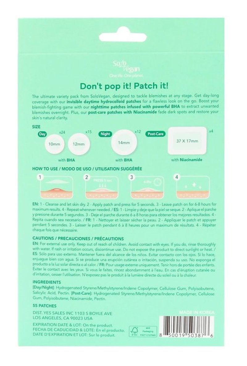 SoloVegan Mild Exfoliating Toner Pads, Serum, Blemish Patch, Cleansing Gel - Korean Skincare (1, 2PK Blemish Patch)