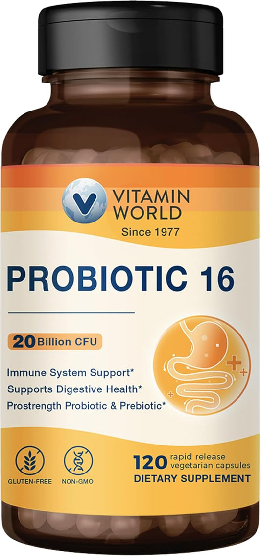 Probiotic 16 - 20 Billion CFU, 16 Strains & Prebiotic Fiber | Digestive & Immune Support, 120 Veggie Capsules
