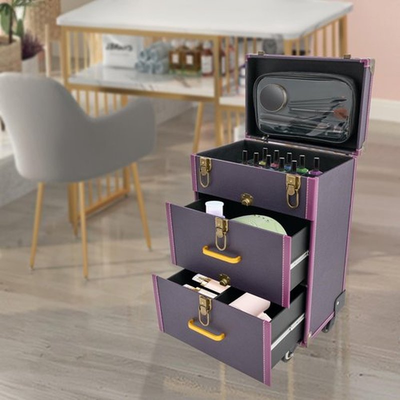 Rolling Makeup Case, Makeup Case Cart, Professional Embroidery Nail Case, Makeup Case with Wheels, Tattoo Travel Case for Nail Technicians, Cosmetologists and Stylists, Black (Purple)