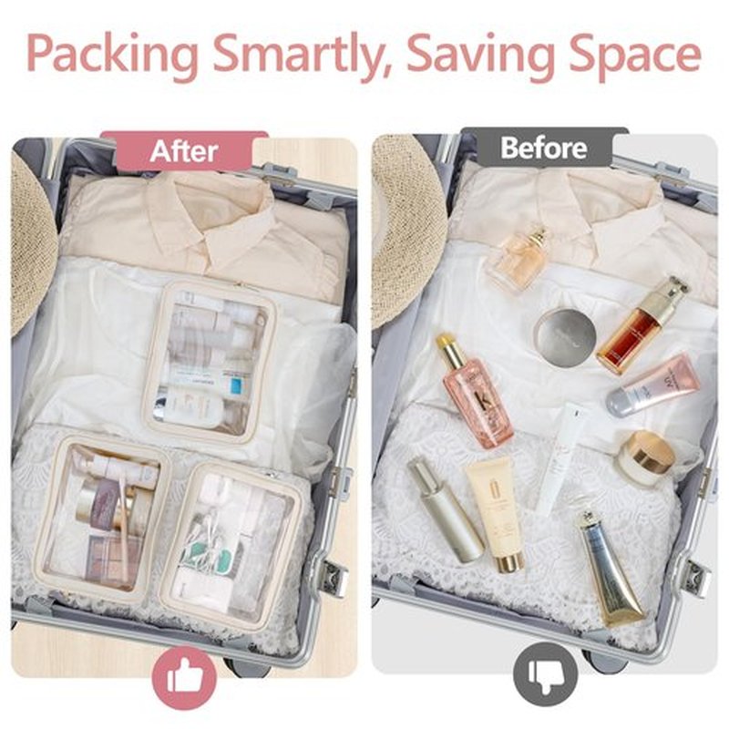 PACKISM TSA Approved Toiletry Bag - Amazing Color-Edged Clear Makeup Bag, 3 Pack in Spacious Space, Reusable Clear Toiletry Bags with Great Value, Beige