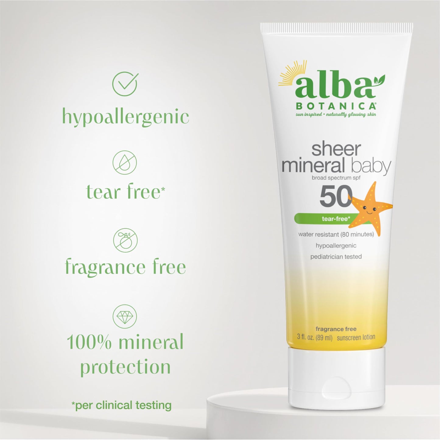 Alba Botanica Baby Sunscreen for Face and Body, Sheer Mineral Sunscreen Lotion, Broad Spectrum SPF 50, Water Resistant and Fragrance-Free, 3 Fl Oz (Packaging May Vary)