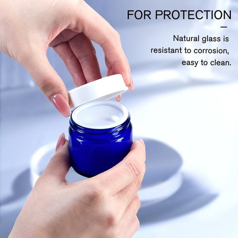 2 oz Glass Jars with Lids, Bumobum 3 pack Small Jar with White Lids, Blank Labels & Inner Liners, 60 ml Empty Round Cosmetic Containers for Sample, Powder, Cream, Lotion, Spice Cobalt Blue