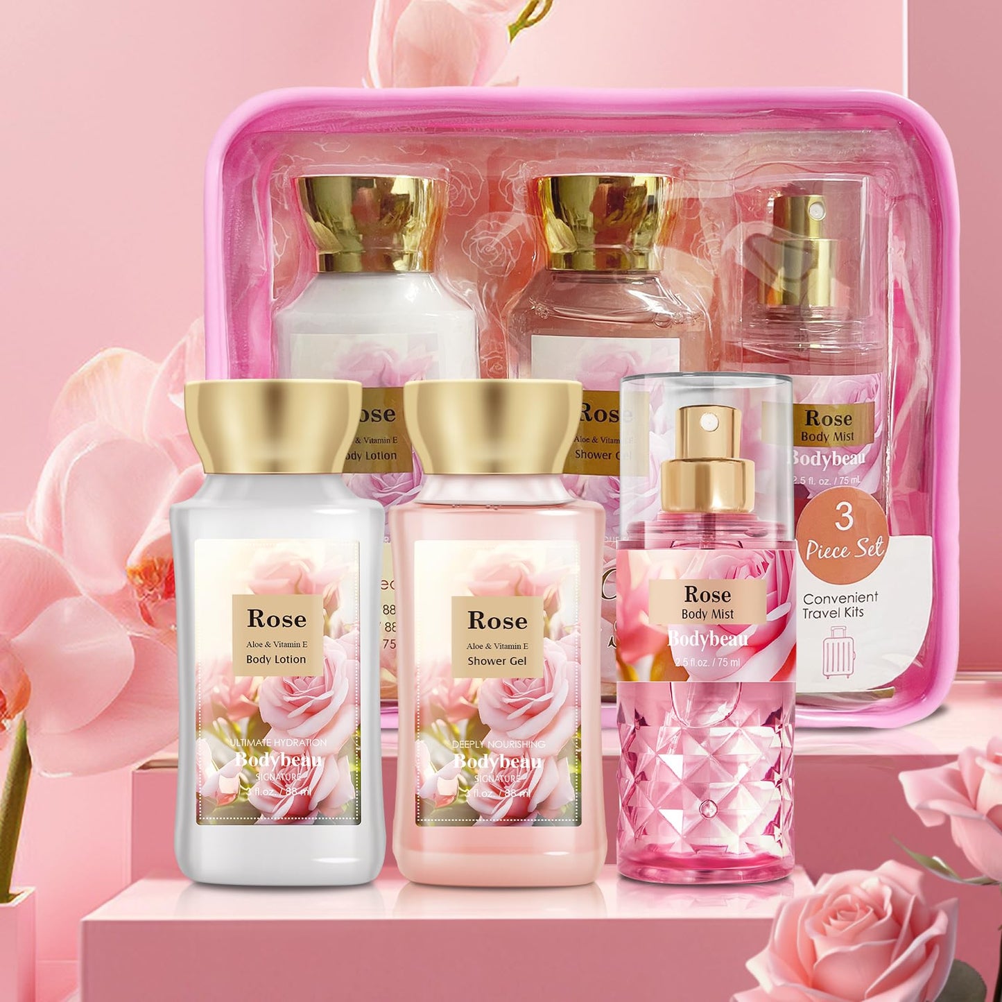 Rose Spa Gift Set For Women - 3PCS Luxury Bath and Body Kit with Shower Gel, Body Lotion & Body Mist - Portable Travel Size Self Care Gift for Mom, Wife, Teens, Friends or Her