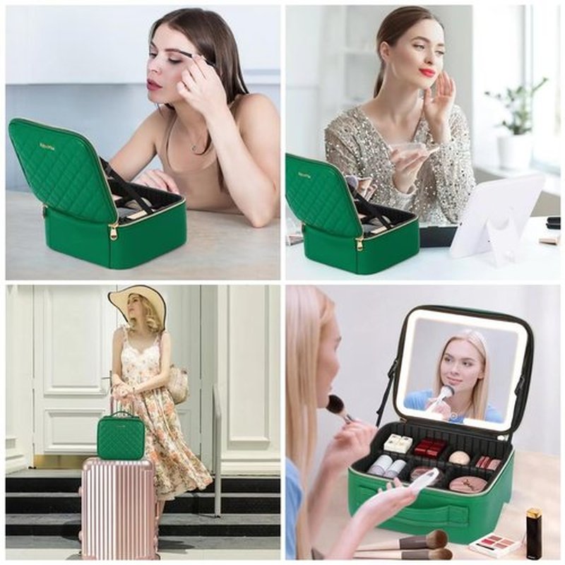 Aiborke Travel Makeup Bag with Led Mirror Makeup Case with Lighted Mirror Cosmetic Organizer bag with Adjustable Dividers and 5X Magnifying Mirror Gift for Women (Green)